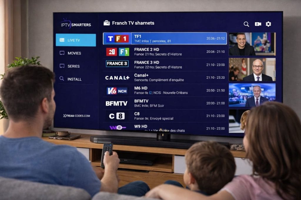 Famille regardant des chaînes françaises sur IPTV Smarters Pro via Smart TV avec abonnement IPTV stable en 2026 sur iptv-pro2.com
