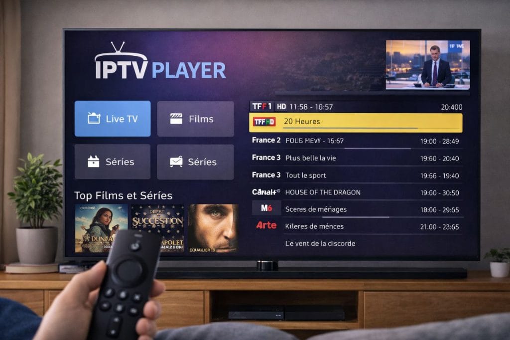 IPTV Player interface avec live TV films et séries sur Smart TV en 2026 avec iptv-pro2.com