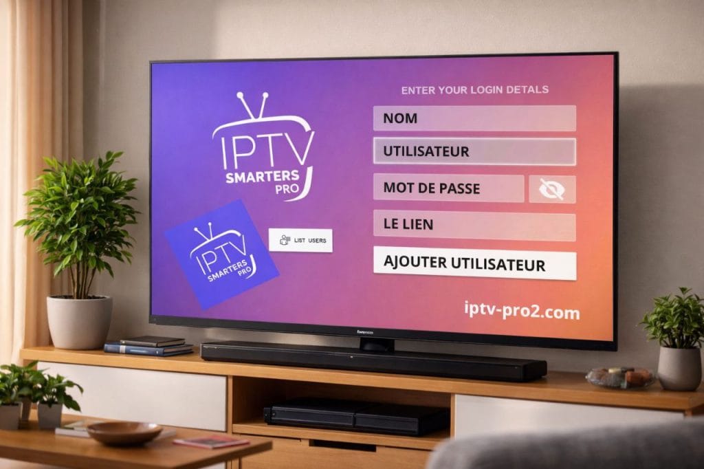 IPTV Smarters Pro sur Smart TV avec écran de connexion IPTV et abonnement IPTV 2026