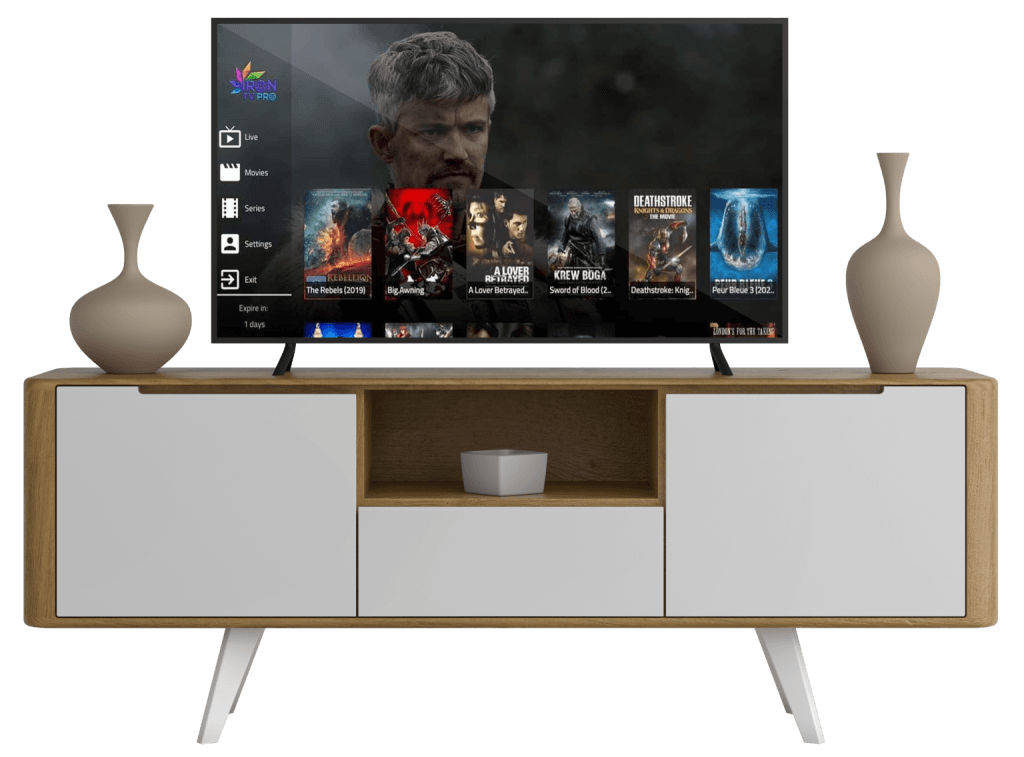 "Interface du menu Iron TV montrant les catégories IPTV, films et séries
