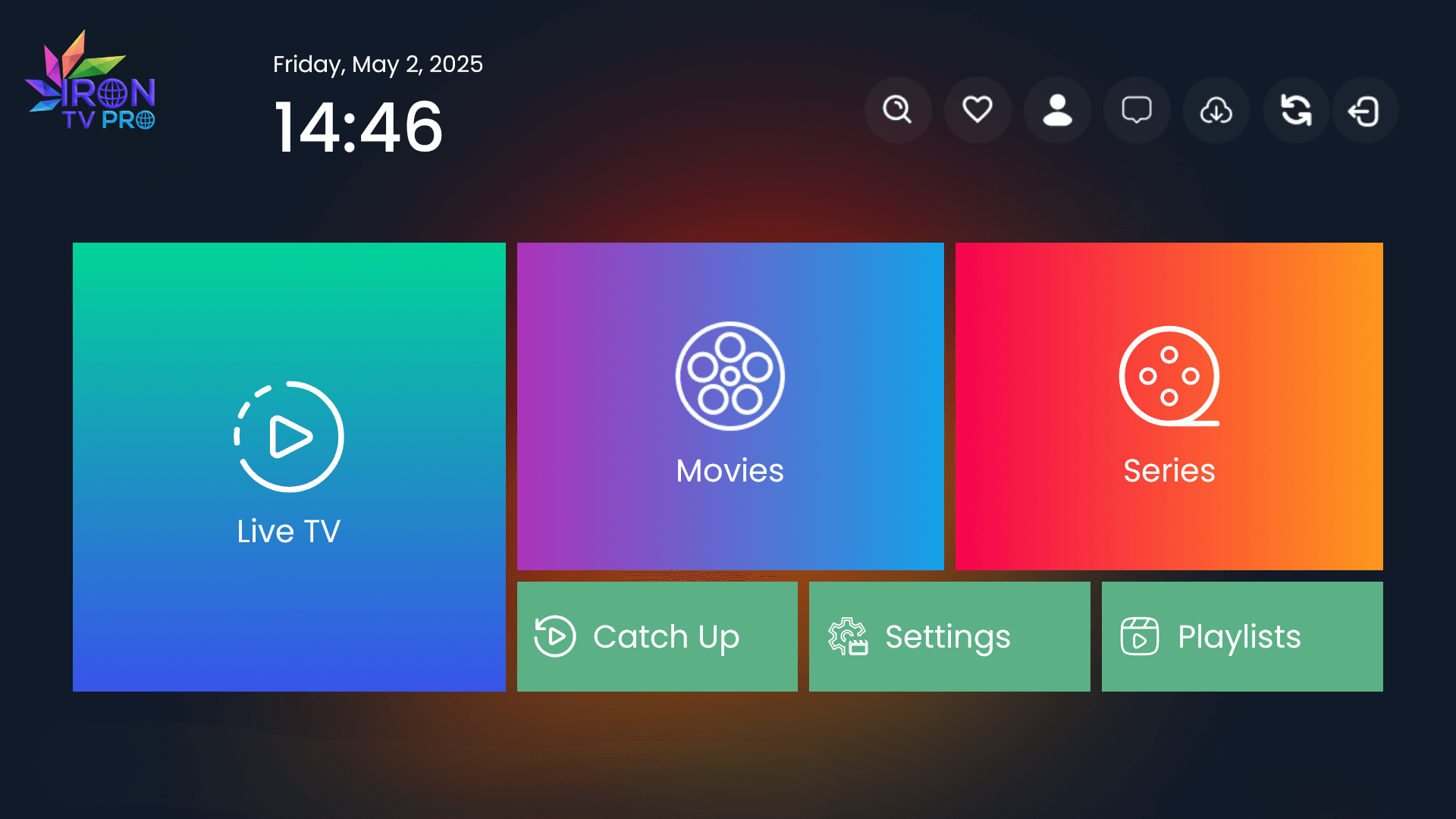 Interface Iron TV Max affichant les sections Films, Séries, Live TV et VOD
