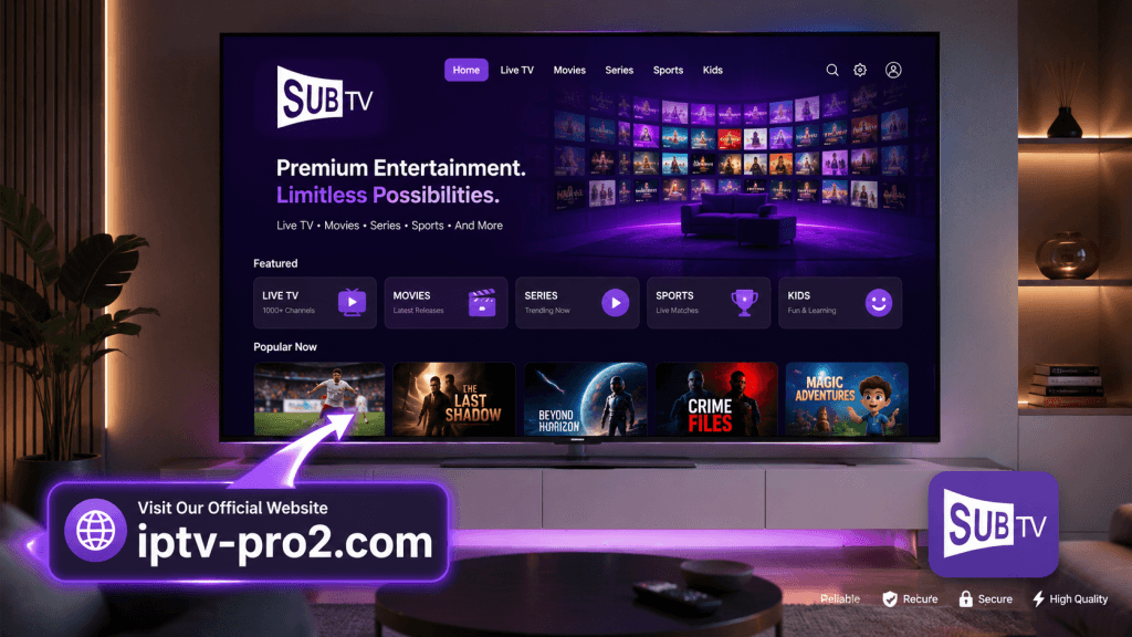 Image professionnelle montrant SubTV sur une grande Smart TV avec une interface IPTV premium et le site officiel iptv-pro2.com mis en avant.