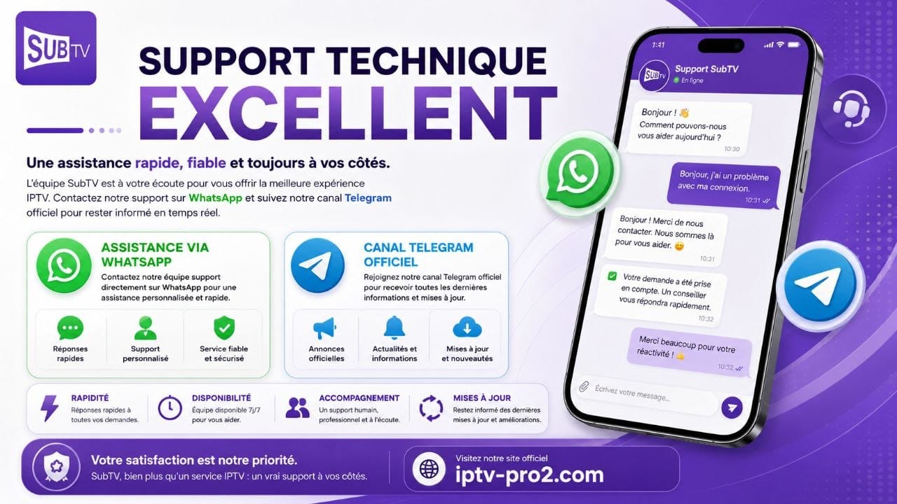 Image promotionnelle présentant le support technique SubTV via WhatsApp et le canal Telegram officiel avec le site iptv-pro2.com.