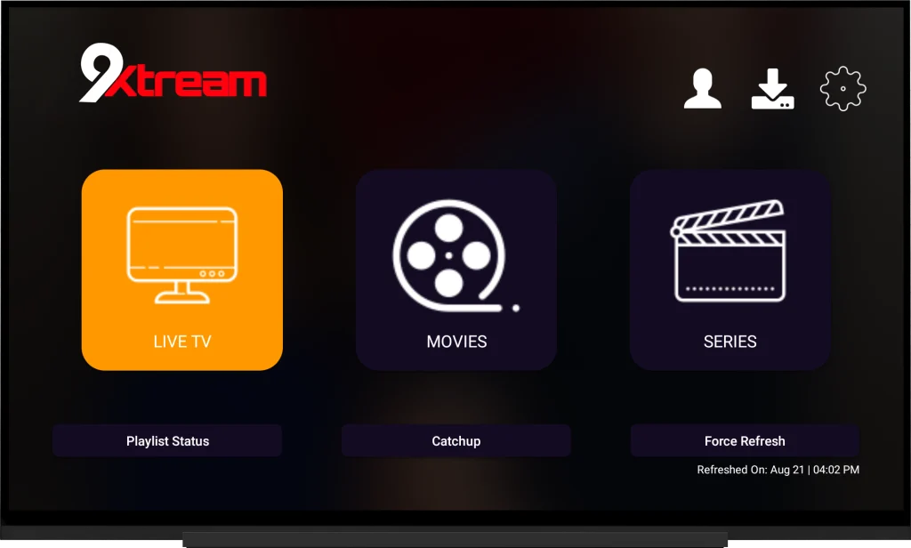 Menu principal de l’application 9Xtream IPTV Premium.