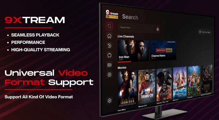 Interface 9Xtream IPTV utilisée sur PC pour regarder chaînes, VOD et séries.