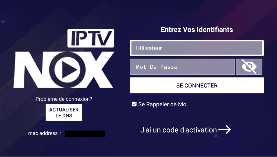 Capture d’écran de l’écran d’activation NOX IPTV où l’utilisateur entre son code d’abonnement pour accéder aux chaînes TV, films et séries en streaming sur Smart TV et appareils Android.