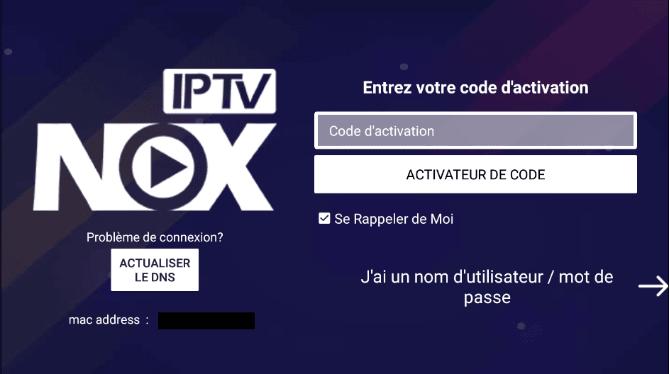 Écran d’activation NOX IPTV pour entrer le code d’abonnement