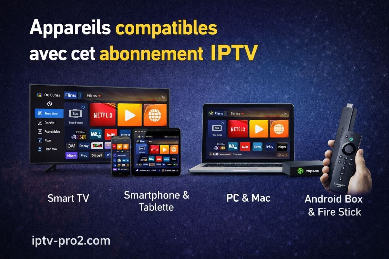 Appareils compatibles abonnement IPTV Smart TV Android smartphone PC Fire TV Stick iptv-pro2.com