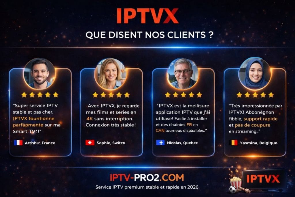 Avis clients IPTVX abonnement IPTV premium avec 5 étoiles et streaming stable 2026
