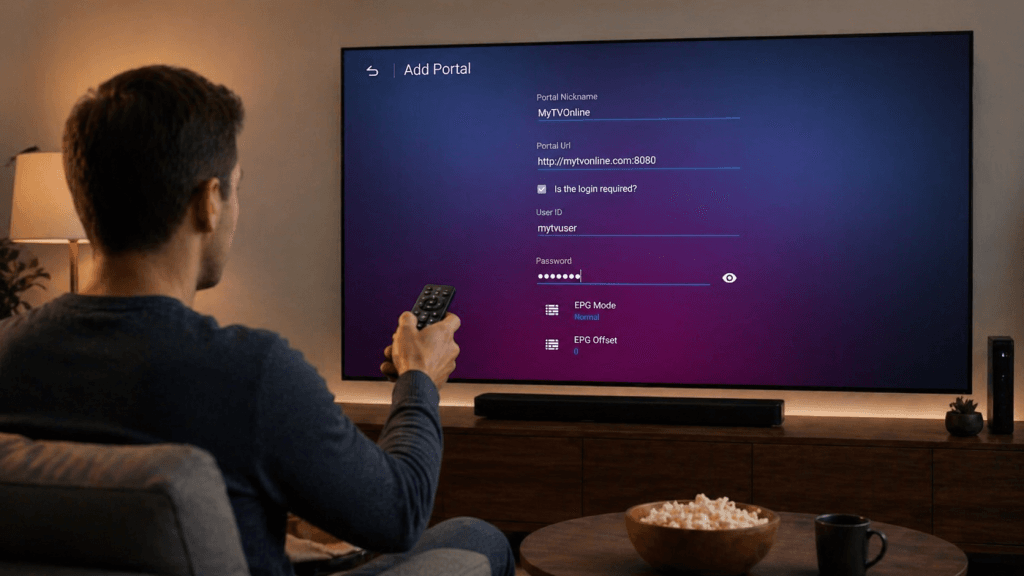 Personne entrant les informations Xtream Code sur une télévision avec l’application MyTVOnline TV IPTV Premium.