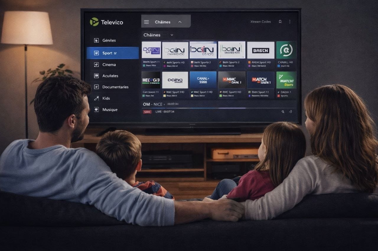 Famille regardant les chaînes TV via application Televizo IPTV abonnement premium streaming 4K