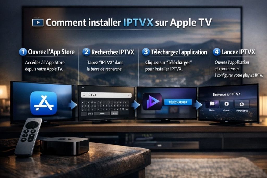 Installation IPTVX sur Apple TV avec étapes App Store téléchargement et configuration IPTV 2026