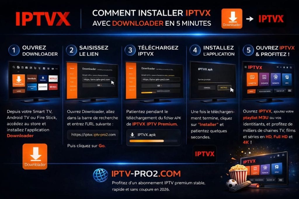 Installation IPTVX avec Downloader sur Smart TV avec étapes détaillées et IPTV premium 2026