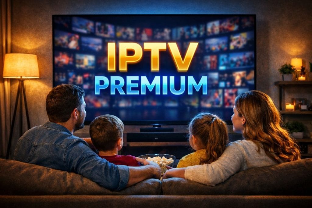 Famille regardant IPTV premium sur Smart TV avec streaming films et séries en 4K