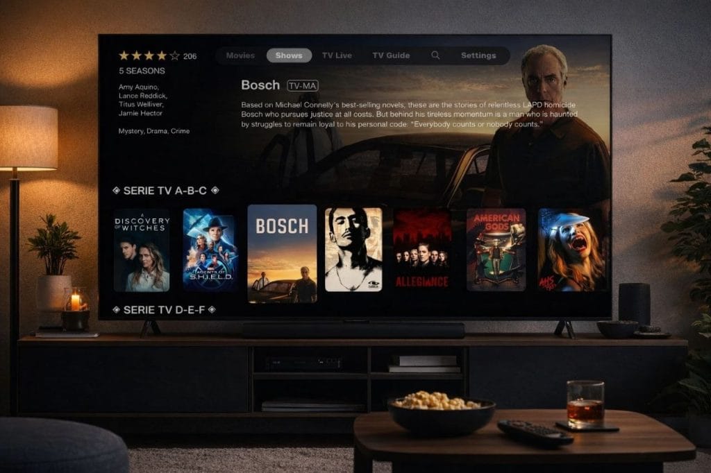 IPTV streaming sur Smart TV dans un salon moderne avec films et séries en HD et 4K