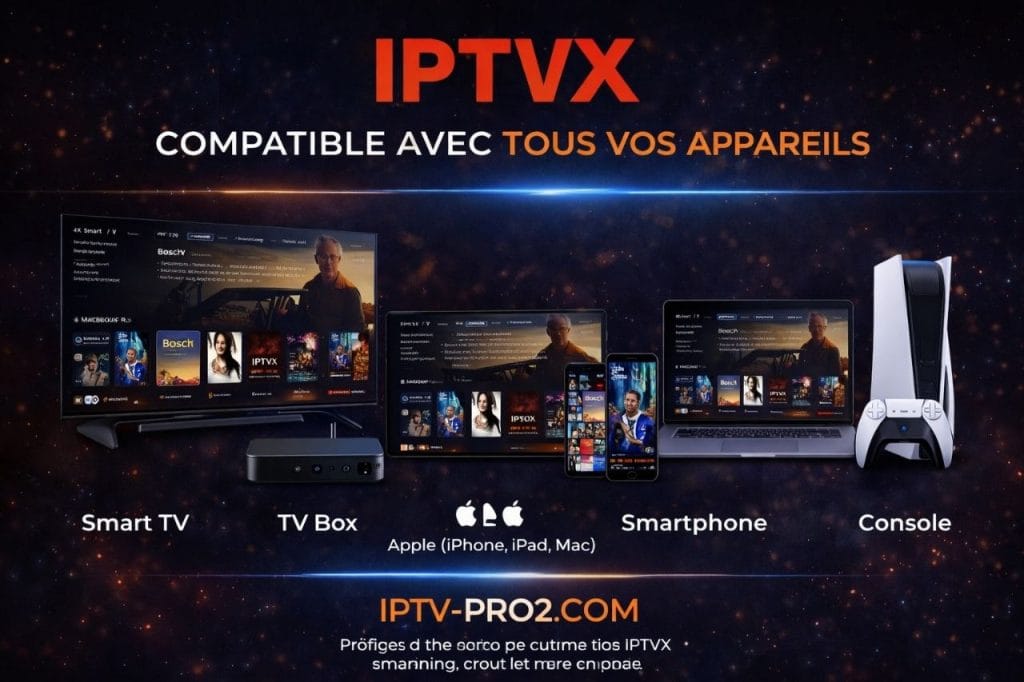 IPTVX compatible avec Smart TV, TV Box, Apple iPhone iPad Mac, smartphone et console 2026