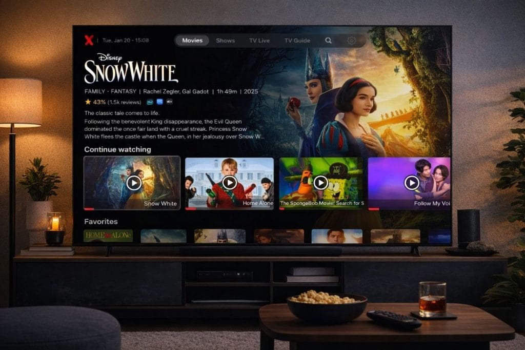 IPTVX sur Smart TV dans un salon moderne avec films et séries en streaming 4K 2026