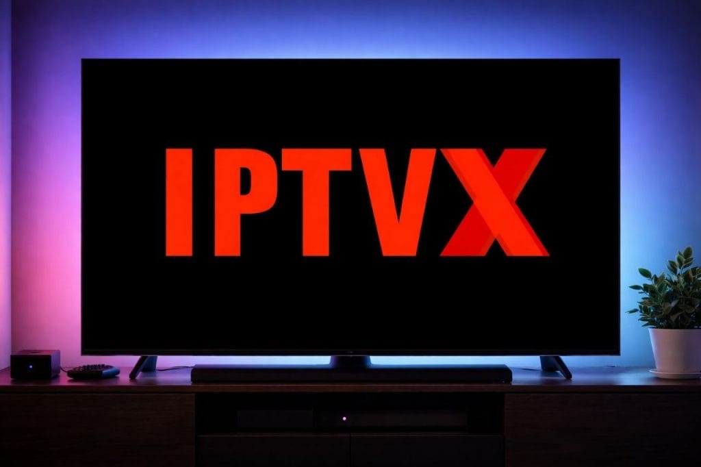 IPTVX IPTV premium affiché sur une Smart TV avec qualité HD et ambiance moderne