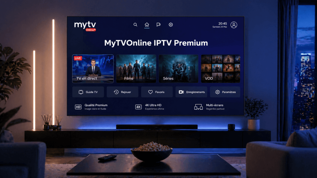 MyTVOnline IPTV Premium affiché sur une Smart TV dans un salon moderne avec TV en direct, films, séries, VOD, guide TV, qualité 4K et multi-écrans