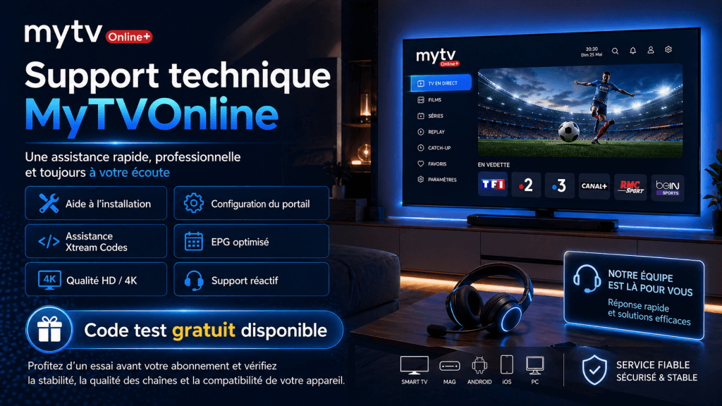 Support technique MyTVOnline avec code test gratuit, assistance IPTV rapide, configuration du portail, Xtream Codes, EPG optimisé et qualité HD 4K
