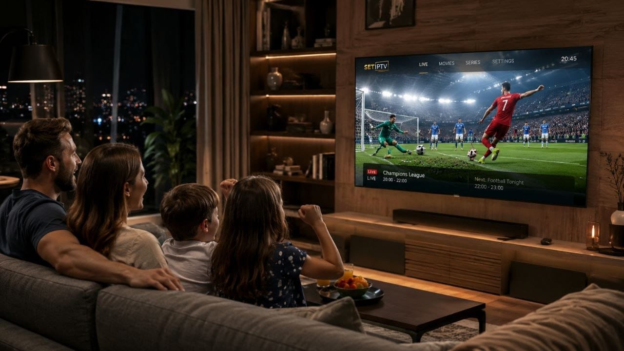 Famille regardant un match de football en direct sur Smart TV avec SET IPTV France et une qualité d’image stable