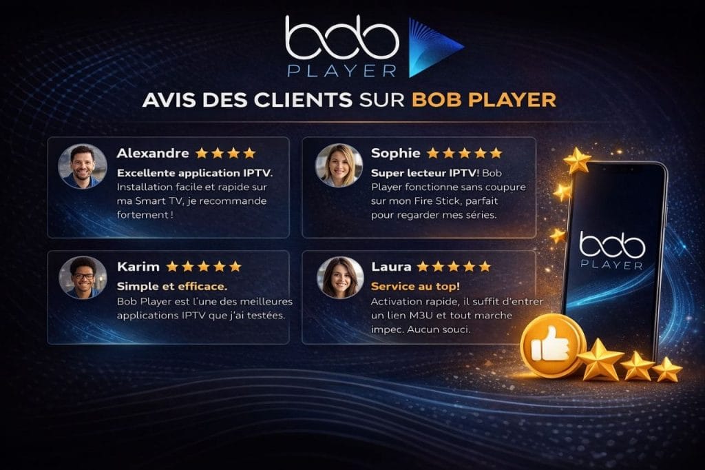Avis clients Bob Player IPTV avec étoiles et témoignages utilisateurs Smart TV Fire Stick
