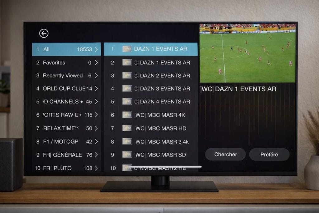 Interface Bob Player IPTV sur télévision Smart TV avec chaînes en direct DAZN et menu IPTV