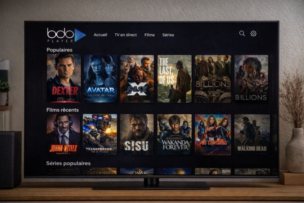 Interface Bob Player IPTV style Netflix avec films et séries VOD sur télévision Smart TV