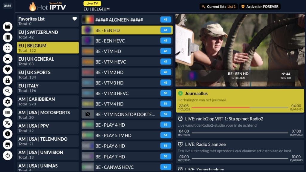 Liste des chaînes IPTV sur l’application HotPlayer avec navigation fluide et interface claire