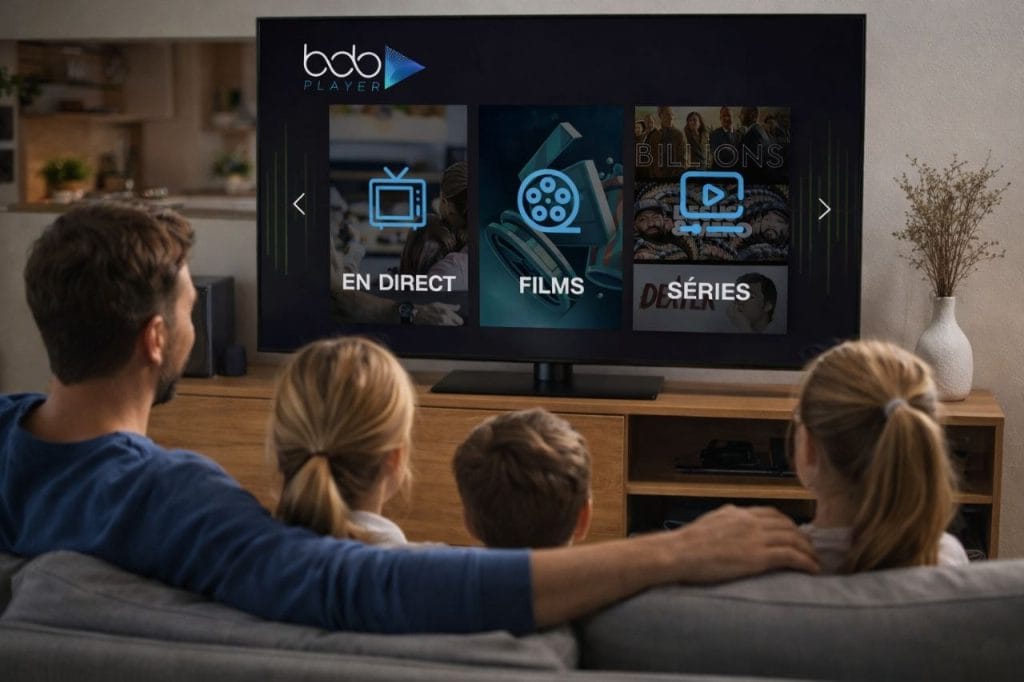 Famille regardant IPTV sur Smart TV avec Bob Player films séries et chaînes en direct