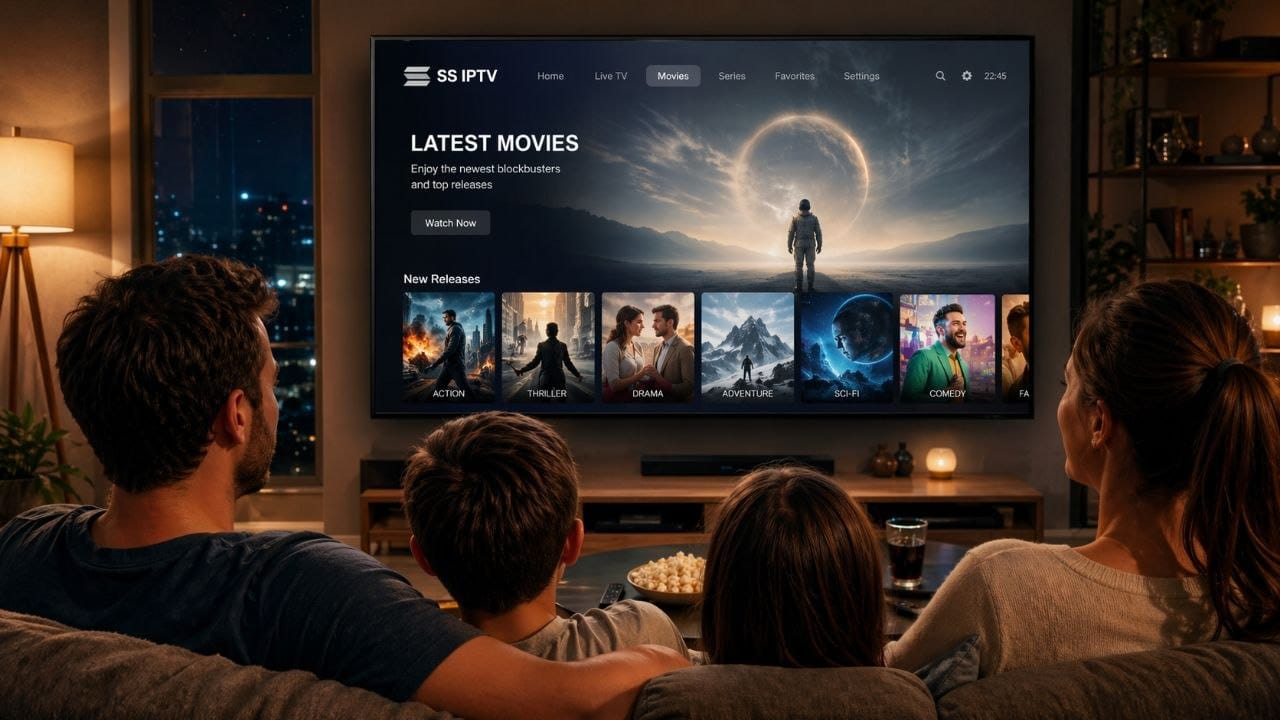 Famille regardant les derniers films via SS IPTV sur Smart TV avec abonnement IPTV premium