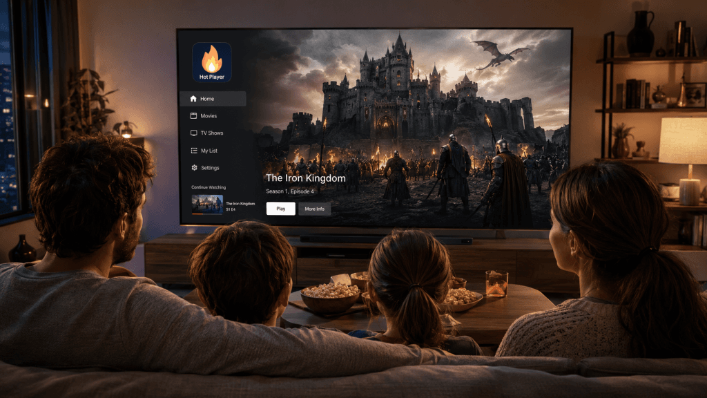 Famille regardant un film historique sur Smart TV avec HotPlayer abonnement IPTV France en qualité premium