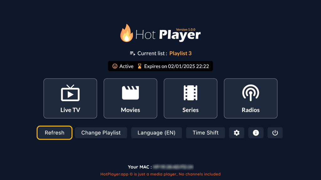 Menu de l’application HotPlayer IPTV avec interface moderne sur Smart TV et Android