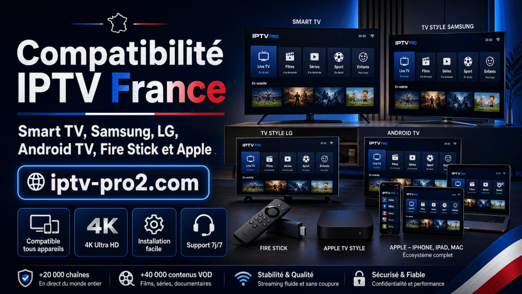 Compatibilité IPTV France sur Smart TV, Samsung, LG, Android TV, Fire Stick et Apple avec iptv-pro2.com
