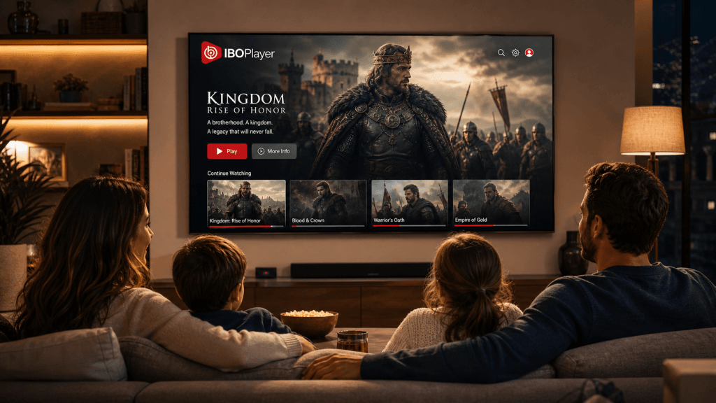 Famille assise dans un salon moderne regardant un film historique sur Smart TV avec l’application IBOPlayer iptv frrance