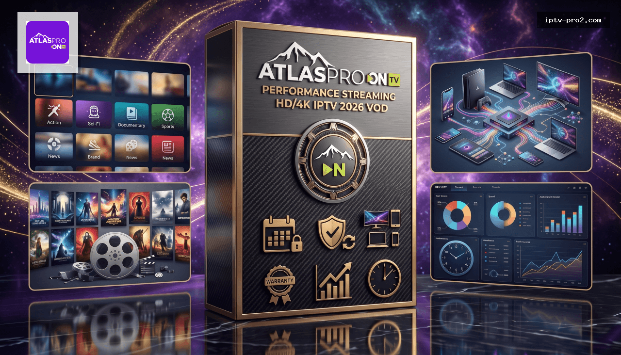 Image produit premium - atlas pro on tv IPTV 2026 — Performance streaming HD/4K optimisée, faible latence pour séries et VOD
